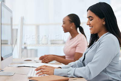 Buy stock photo Business woman, computer and typing email, report or communication in corporate office with smile. Happy female employee working on PC keyboard for CRM technical support with team to find solution 