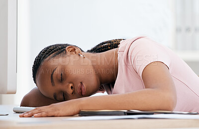 Buy stock photo Burnout, sleep and black woman tired from stress, anxiety and problem at a desk in an office at work. Young African corporate worker sleeping at a table exhausted with depression or mental health