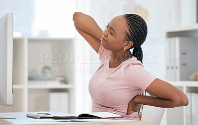 Buy stock photo Burnout, stress and tired black woman with back pain in the office due to bad posture and uncomfortable chair. Fatigue, problem and frustrated worker annoyed with lower back injury or muscle backache