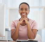 Portrait, black woman and business with notebook, smile and confident for startup company. African American lady, female entrepreneur and manager being proud, successful and happy with work in office