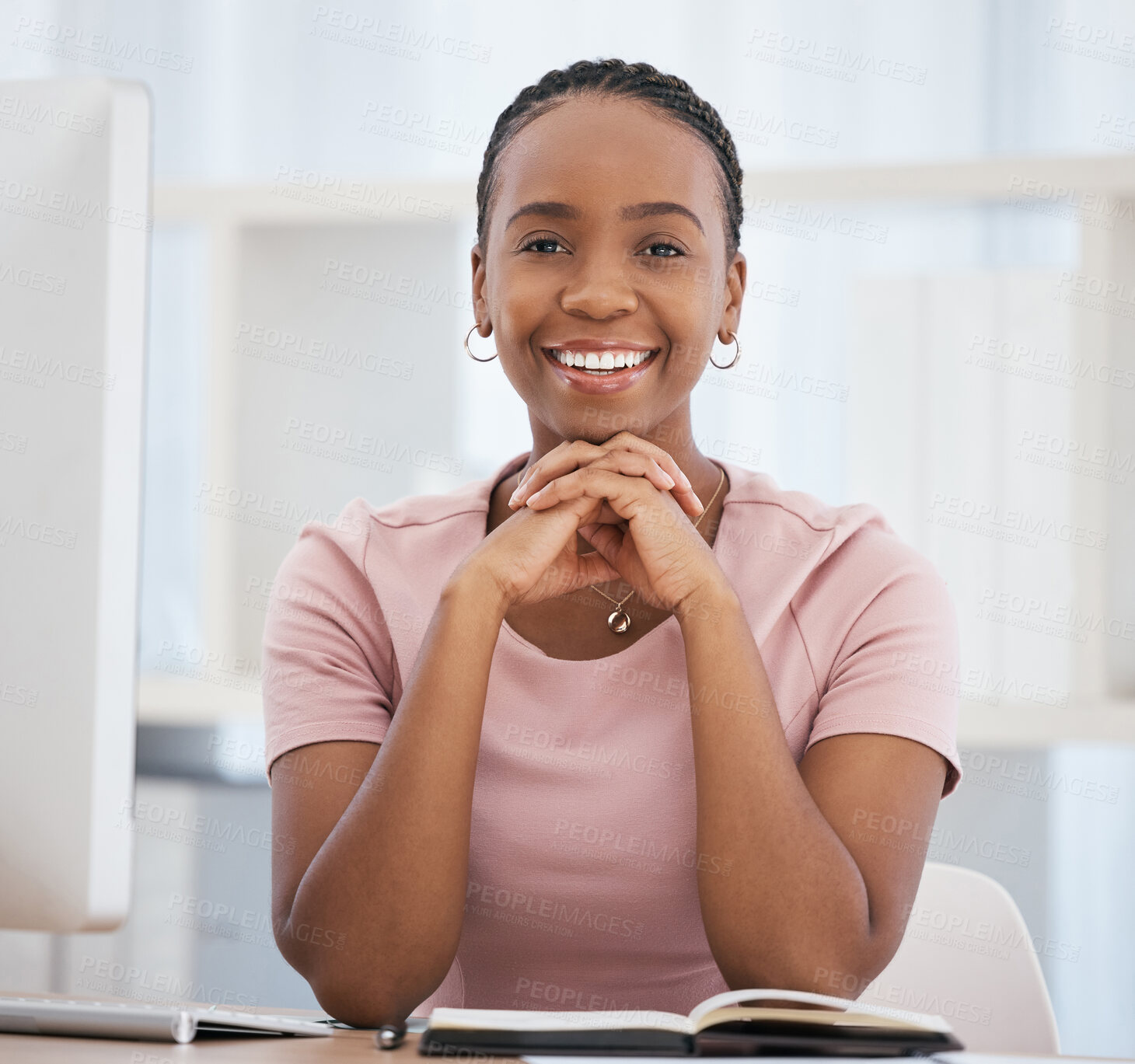 Buy stock photo Portrait, black woman and business with notebook, smile and confident for startup company. African American lady, female entrepreneur and manager being proud, successful and happy with work in office