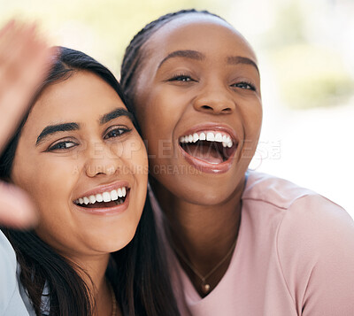 Buy stock photo Selfie, happy and diversity with black woman friends posing for a photograph together with a smile. Portrait, fun and freedom with a carefree female and young friend taking a picture while bonding 
