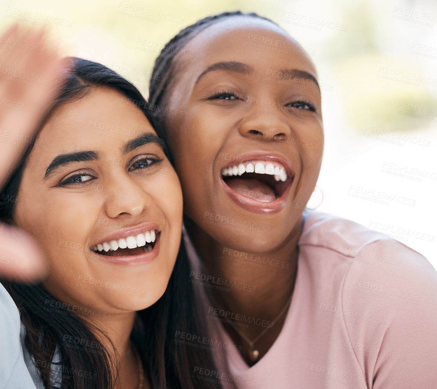 Buy stock photo Selfie, happy and diversity with black woman friends posing for a photograph together with a smile. Portrait, fun and freedom with a carefree female and young friend taking a picture while bonding 