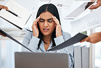Stress, overworked and multitask with a business woman feeling overwhelmed by the hands of her team in the office. Compliance, documents and headache with a female employee suffering from burnout