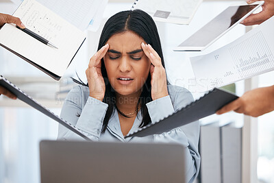 Buy stock photo Stress, overworked and multitask with a business woman feeling overwhelmed by the hands of her team in the office. Compliance, documents and headache with a female employee suffering from burnout