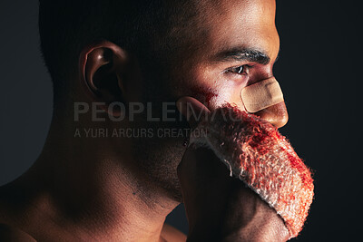 Buy stock photo Boxing injury, man and blood on bandage, martial arts fitness and strong with face bruise after match. Professional athlete, exercise and wound, fighter training for active lifestyle and pain.