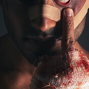 Middle Finger Fight Fight, blood and face of boxing man with first aid bandage after sports ...