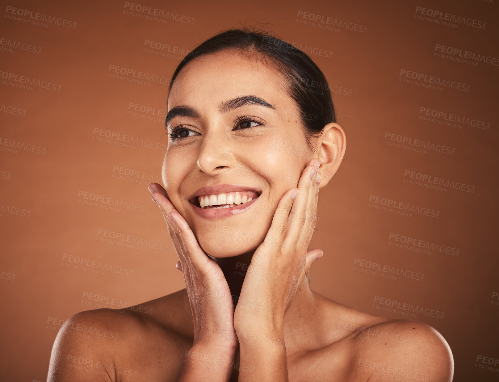 Buy stock photo Skincare, young woman face and cosmetics with natural beauty, wellness and brown studio background. Makeup, body care and confident female smile for organic facial, touch smooth skin and healthy.