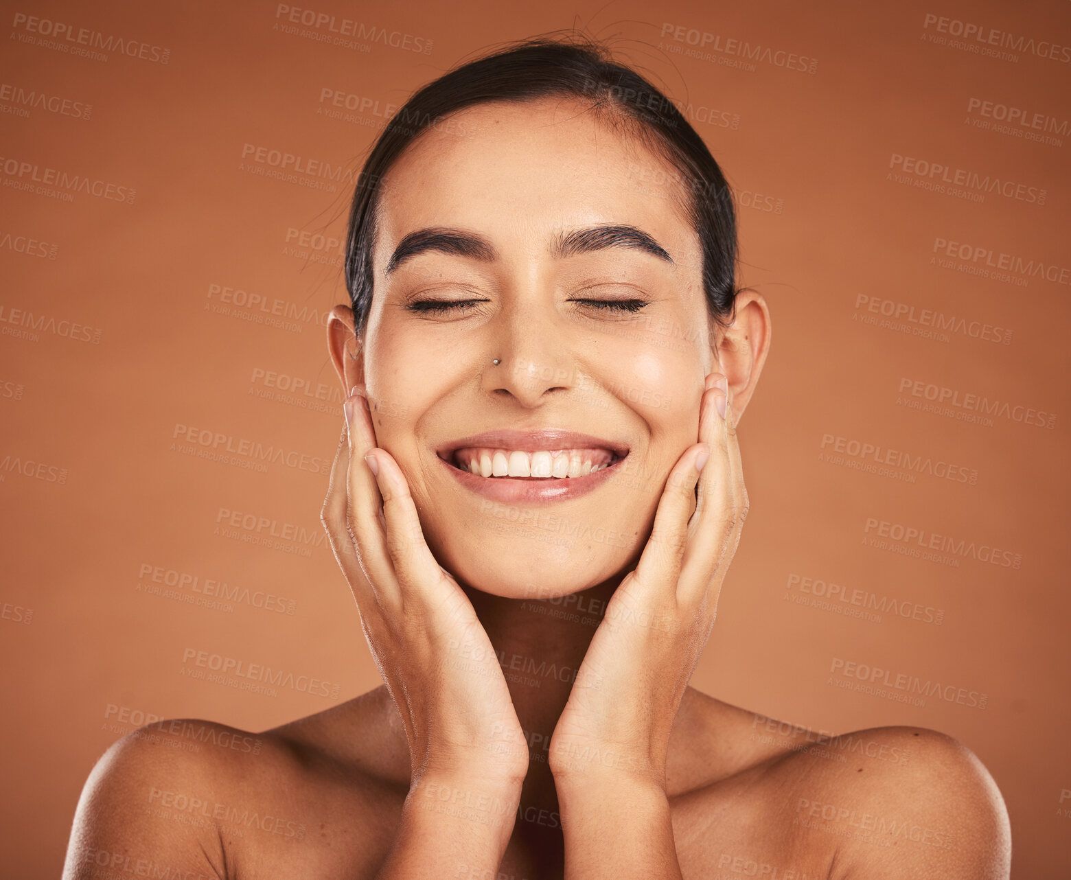 Buy stock photo Woman, beauty and healthy facial skincare with natural, organic cosmetic routine and self care. Happy face, a model with a smile and satisfied with clean skin, hygiene and cosmetics spa mockup studio