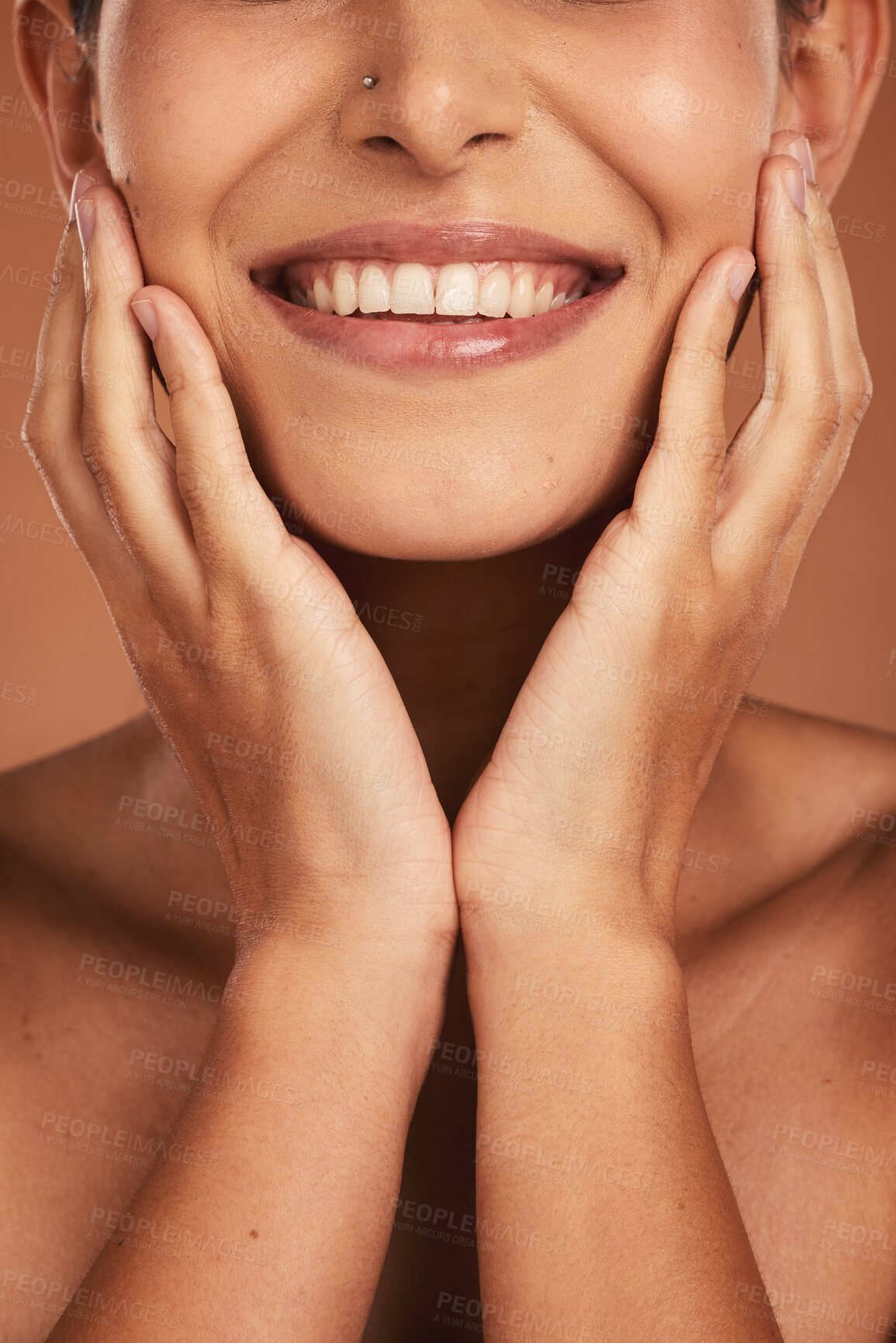 Buy stock photo Dental, oral care and closeup of woman teeth with whitening, hygiene and health in a studio. Happy, smile and girl model with a natural, clean and healthy mouth isolated by a brown background.