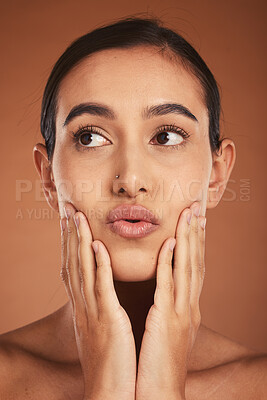 Buy stock photo Beauty, woman touch face, skincare and facial, natural cosmetics with clean skin and hands frame in studio background. Makeup, manicure and wellness, fresh glow and cosmetology advertising.