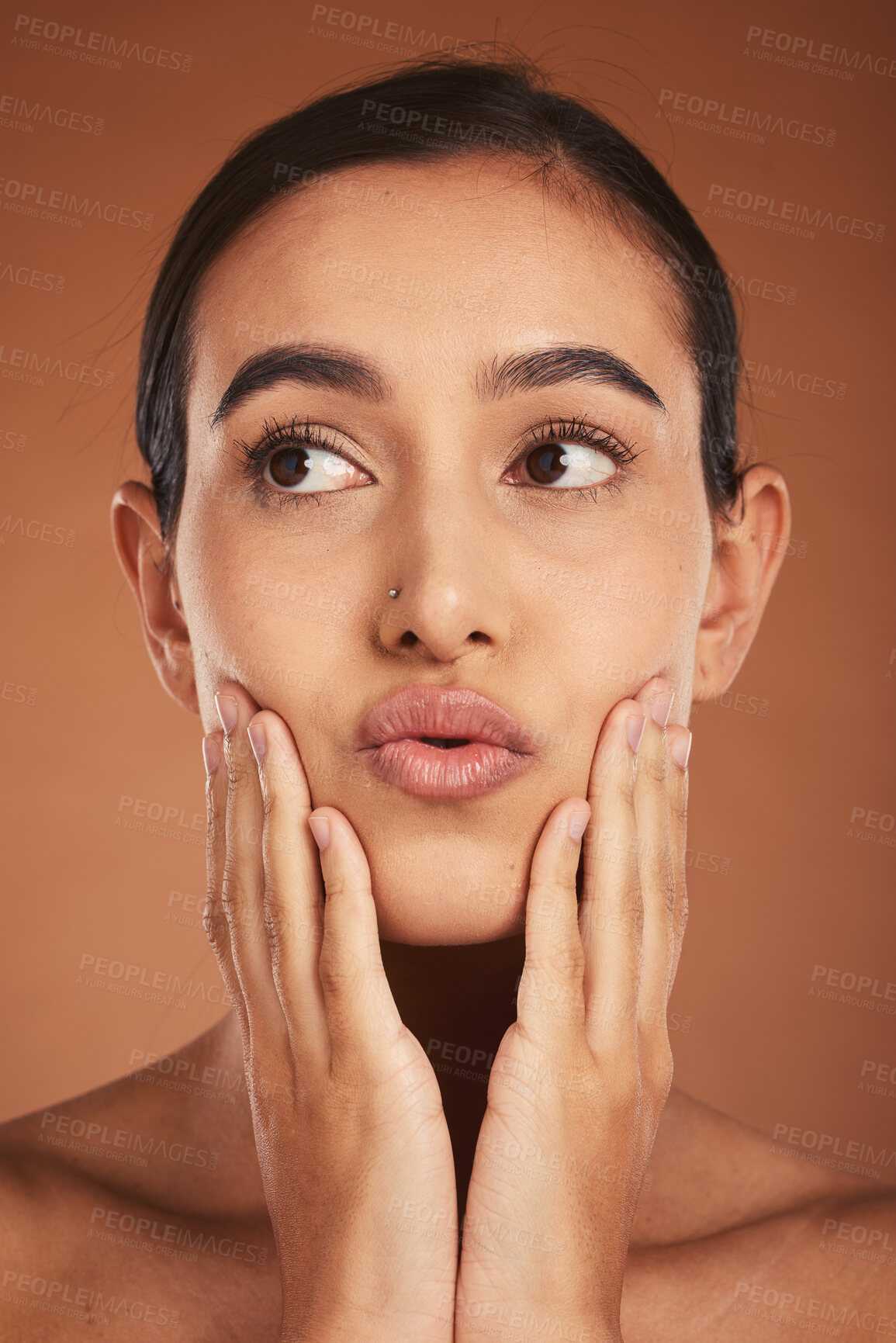 Buy stock photo Beauty, woman touch face, skincare and facial, natural cosmetics with clean skin and hands frame in studio background. Makeup, manicure and wellness, fresh glow and cosmetology advertising.