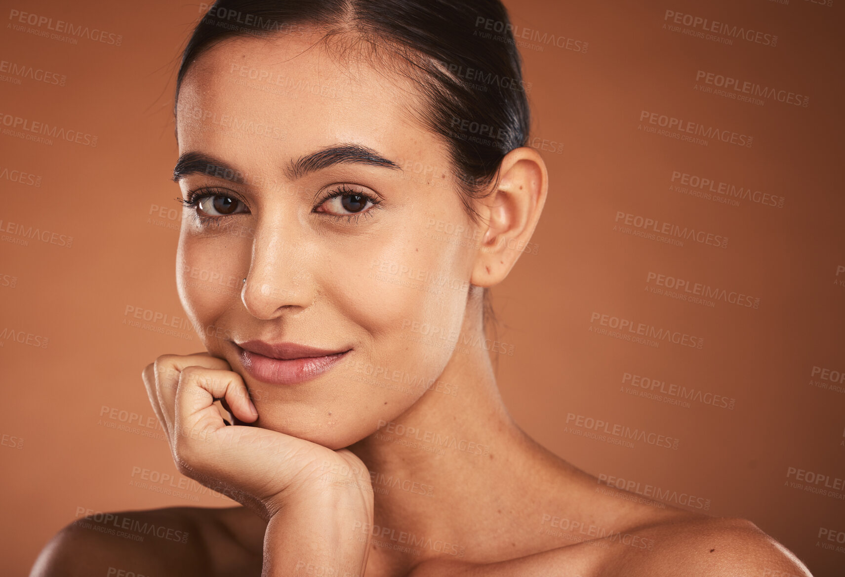 Buy stock photo Makeup, skincare and portrait of a woman with a smile for cosmetics against a brown mockup studio background. Face of a happy, luxury and cosmetic model with wellness, beauty and care for skin
