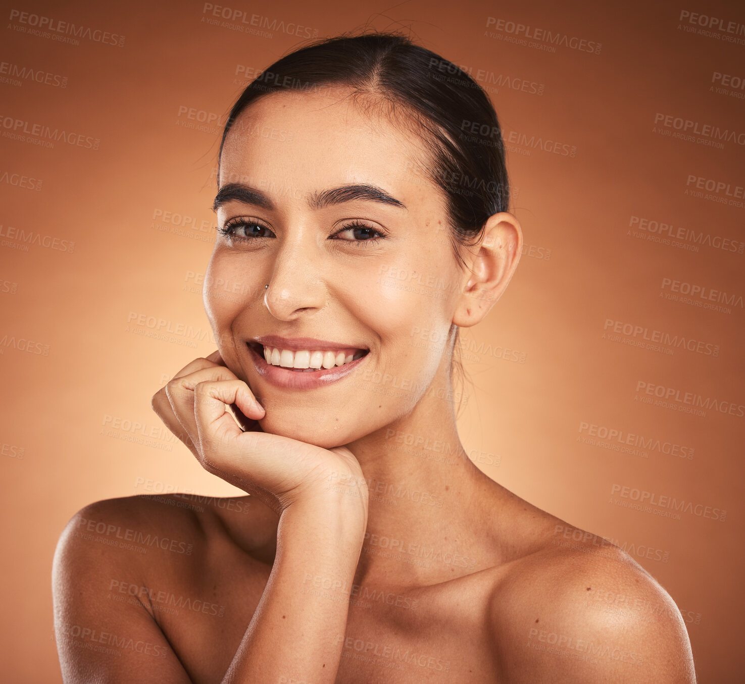 Buy stock photo Beauty, woman and face with skincare and facial wellness advertising, natural cosmetics portrait with studio background. Makeup, skin and glow with clean fresh mockup and cosmetology marketing.
