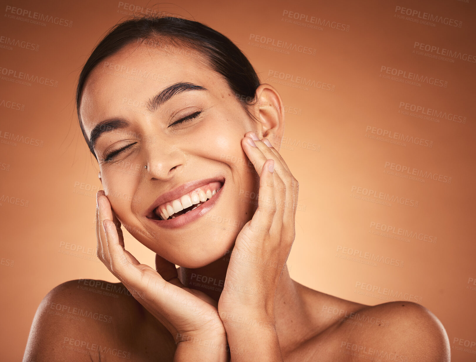 Buy stock photo Smile, skincare and woman face for cosmetics, natural beauty and body care for wellness, health and brown studio background. Makeup, young female and girl with organic facial, happiness and healthy.