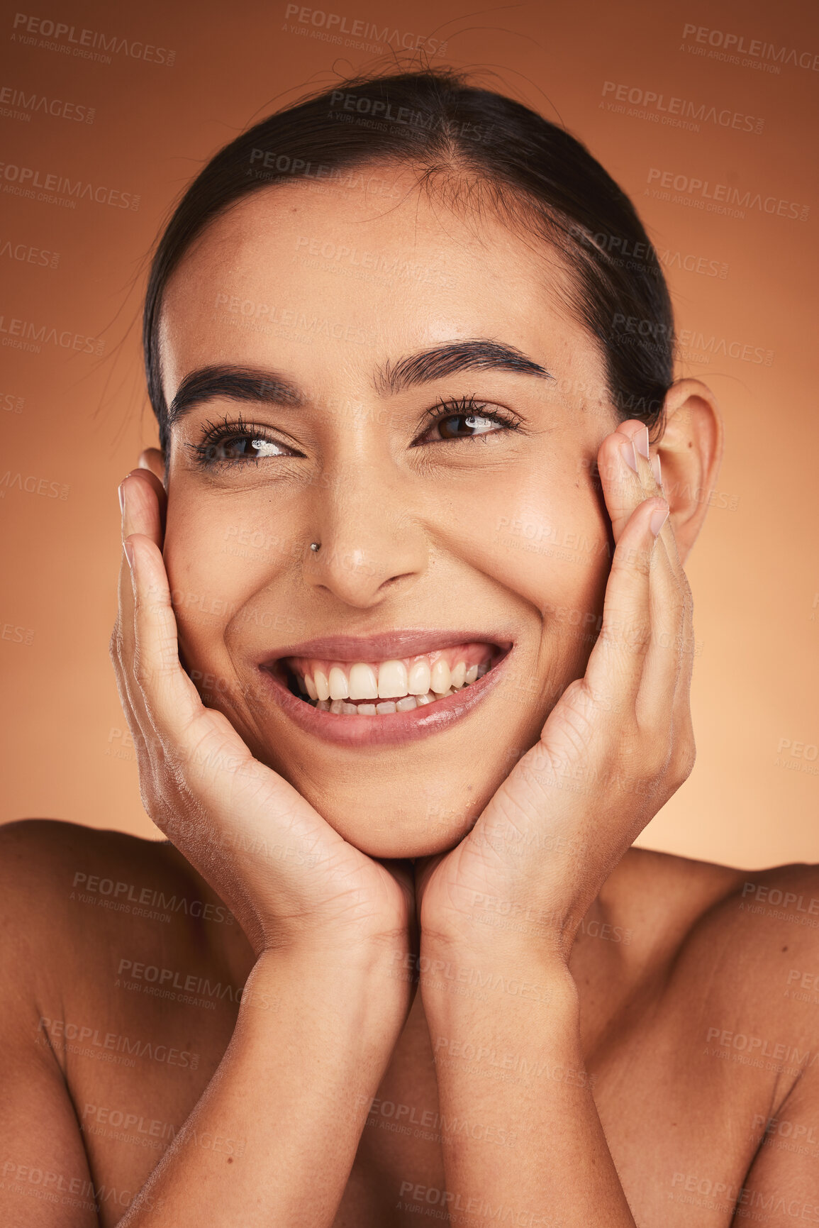 Buy stock photo Skincare, beauty and woman excited about skin, health and dermatology cream or natural makeup cosmetics with a smile. Happy female model in studio for wellness, self care or detox facial with a glow