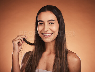 Buy stock photo Beauty portrait, skincare and hair care of woman isolated on brown studio background. Wellness, makeup and smile of happy female model from Australia with healthy, long and beautiful silky hair.

