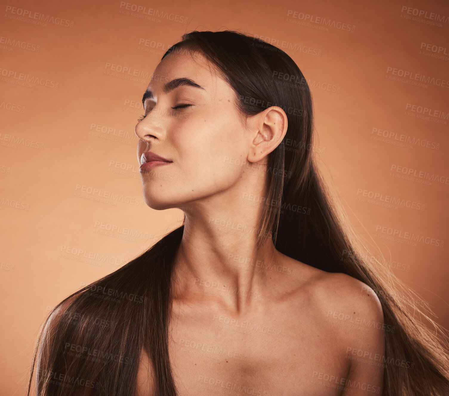 Buy stock photo Beauty, hair care and skincare of woman on gradient studio background for dermatology, wellness and health mockup. Cosmetics, makeup and shampoo for health, glow and self care with self love female