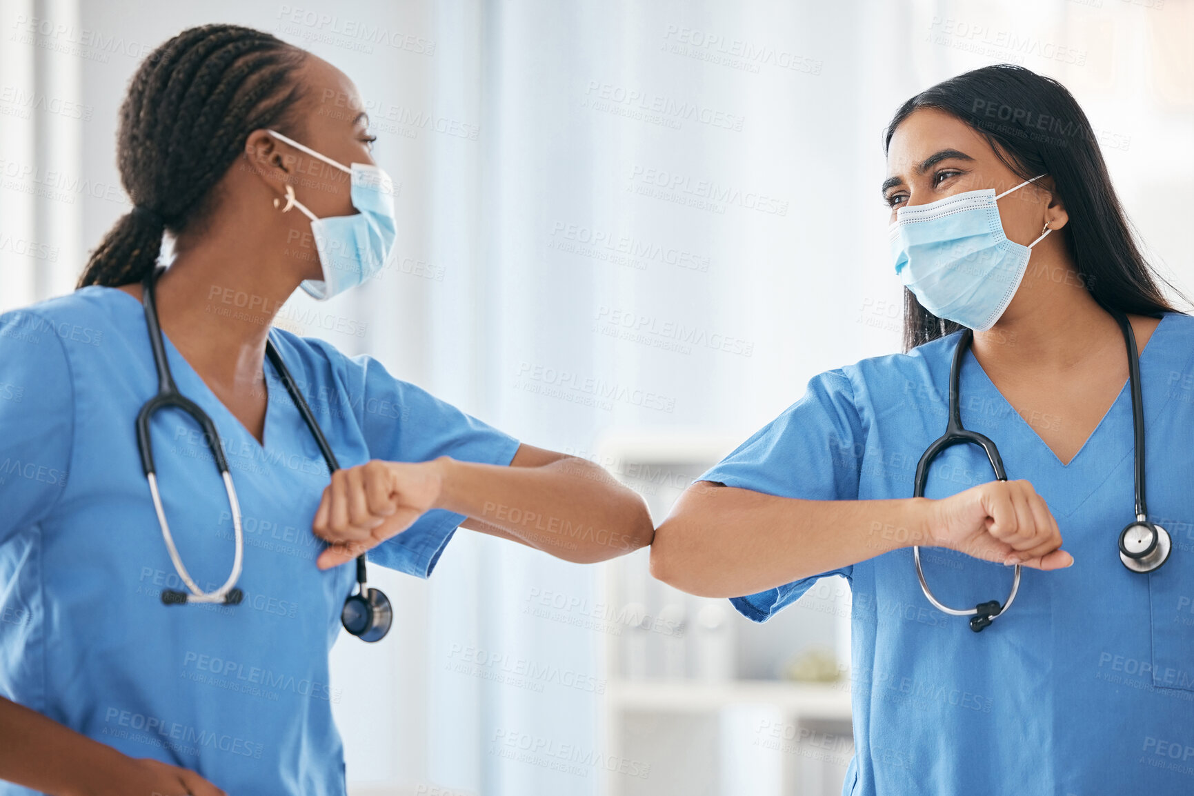 Buy stock photo covid, medical and elbow greeting with doctors for teamwork, happy and support. Medicine, healthcare and virus with nurse in hospital for pandemic, prevention and surgery safety together in clinic