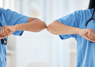 Buy stock photo Nurse, healthcare and elbow covid greeting of medical workers in hospital or clinic. Social distancing, teamwork and nursing staff touch elbows for thank you, welcome and support in covid 19 pandemic