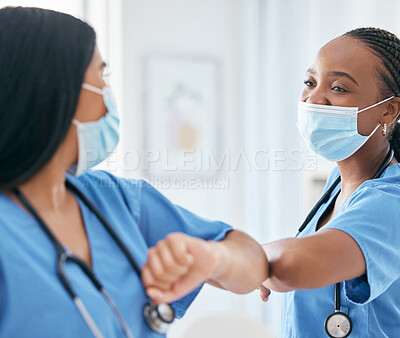 Buy stock photo Elbow greeting, covid nurses and meeting in hospital, clinic and surgery for wellness, medical trust and support. Happy nursing staff employees, face mask and body contact for social distance safety 