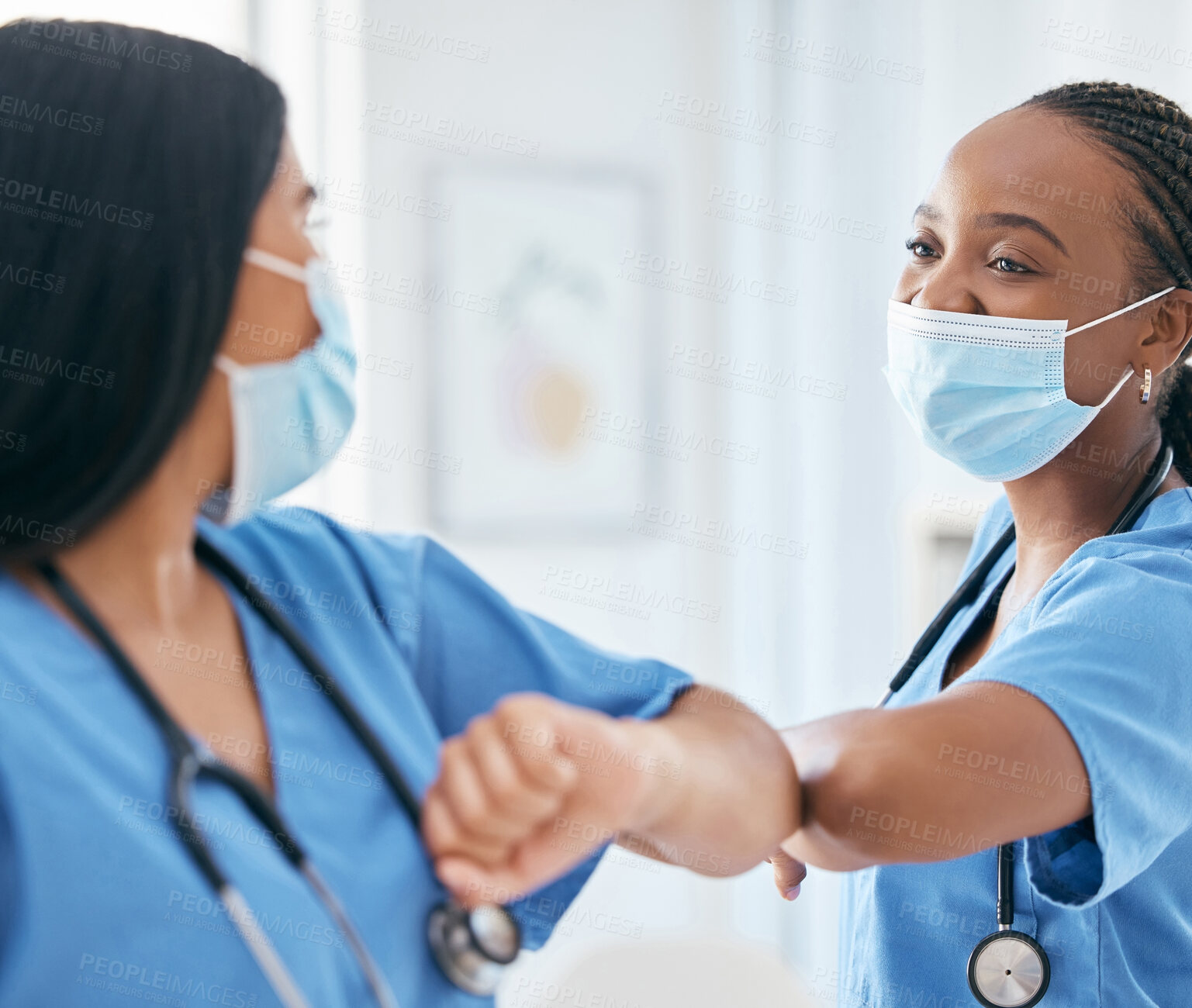 Buy stock photo Elbow greeting, covid nurses and meeting in hospital, clinic and surgery for wellness, medical trust and support. Happy nursing staff employees, face mask and body contact for social distance safety 