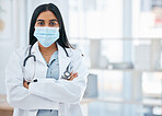 Woman doctor, covid hospital and portrait of young, professional or medical cardiology expert staff working in clinic. Corona virus, female healthcare worker or face mask safety in surgery consulting