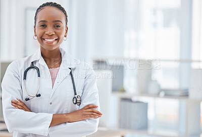 Buy stock photo Smile, medical and arms crossed with portrait of doctor and mockup in consulting room for innovation, surgery and medicine. Healthcare, help and vision with black woman in hospital for pandemic virus