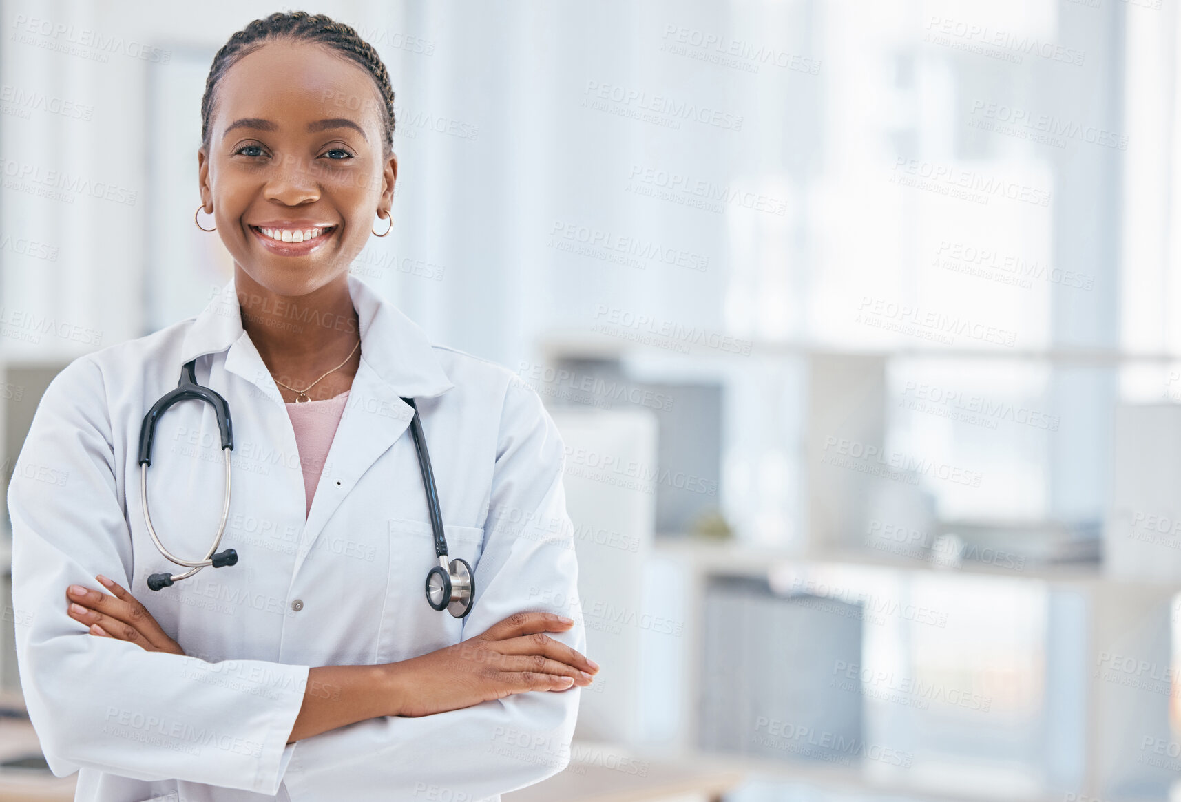 Buy stock photo Smile, medical and arms crossed with portrait of doctor and mockup in consulting room for innovation, surgery and medicine. Healthcare, help and vision with black woman in hospital for pandemic virus