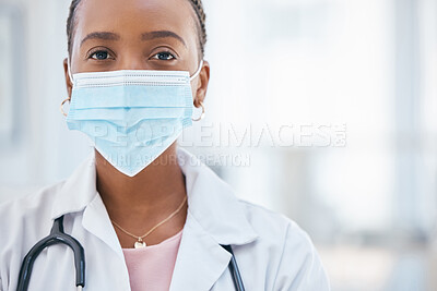 Buy stock photo Covid, portrait and doctor working through global crisis at hospital with vision for innovation and breakthrough. Face, mask and medical woman expert with compliance, mindset and goal for healthcare