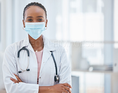 Buy stock photo Covid, doctor and confident black woman in healthcare in face mask, leadership mindset  and success in medicine. Safety, vision and woman medical leader with vision to help support Africa in pandemic