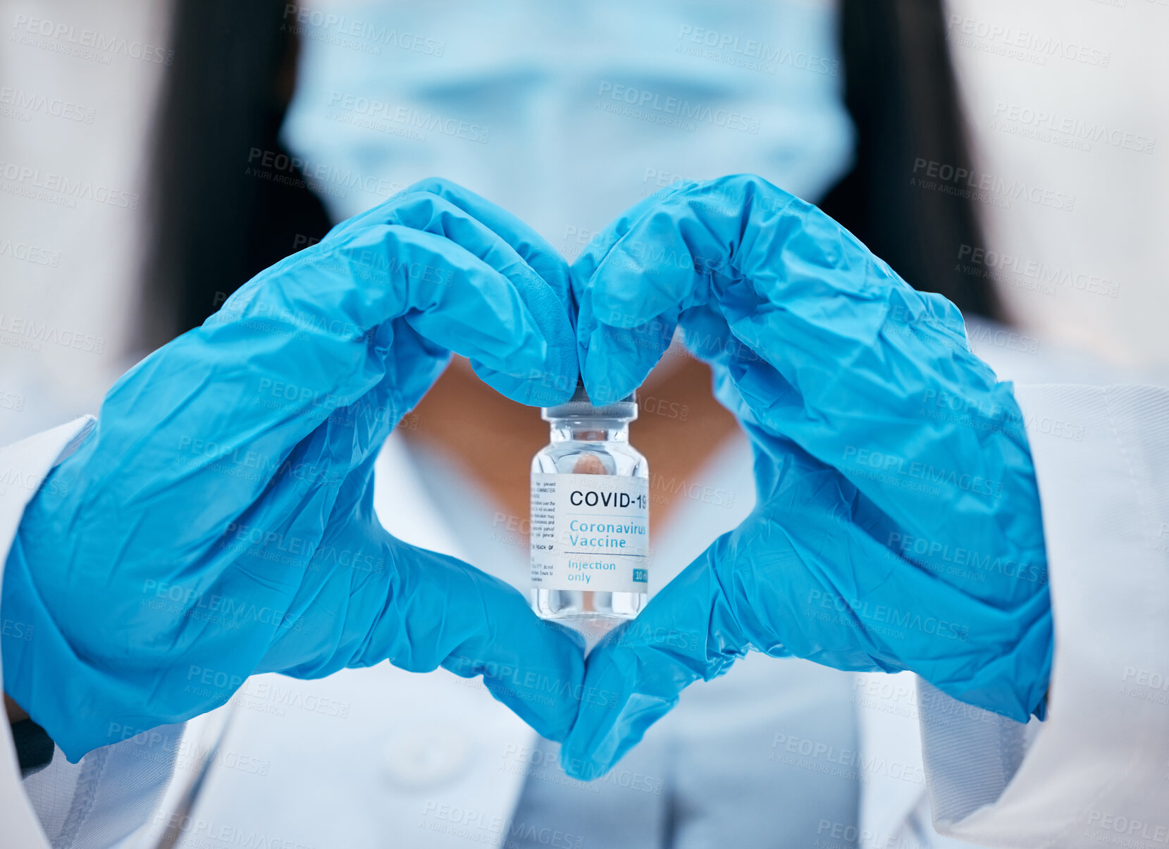 Buy stock photo Heart sign, covid vaccine and doctor hands with medicine bottle and serum for risk, healthcare and wellness safety. Medical worker, pharmaceutical innovation and scientist drug test cure of covid 19 