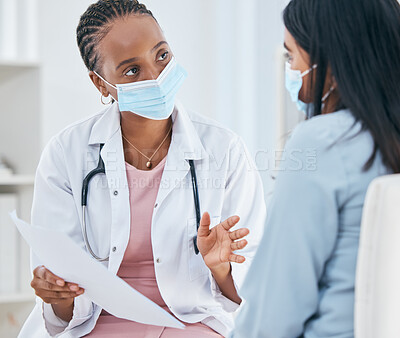 Buy stock photo Doctor consulting patient, medical mask and communication  healthcare wellness. Professional clinic nurse, surgery advice conversation and health insurance paper checklist or consultation in room