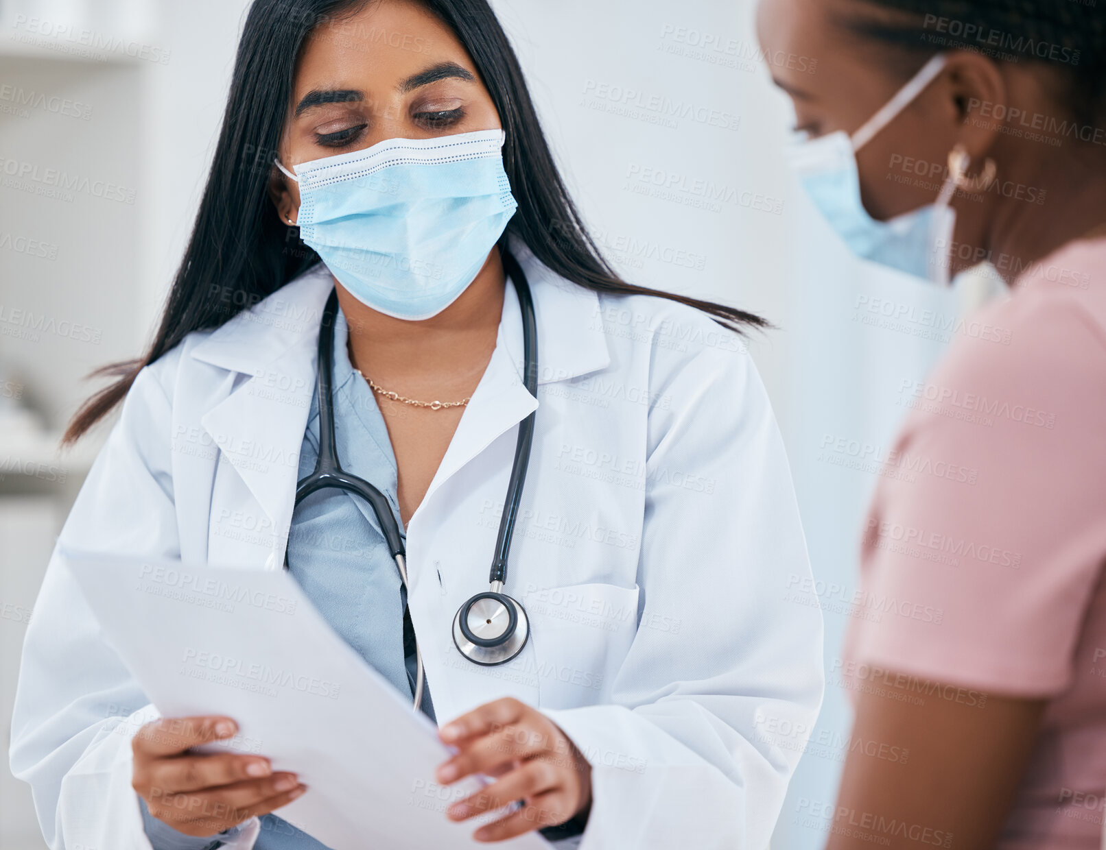 Buy stock photo Covid, consulting and planning with doctor and black woman for review, medical and insurance. Healthcare, help and legal advice with worker and patient in hospital for virus, information or paperwork