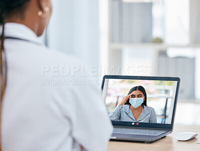 Buy stock photo Covid, video call and remote work with a woman patient on a laptop screen meeting with her doctor online. Healthcare, medicine and corona with a female and health professional virtual consulting