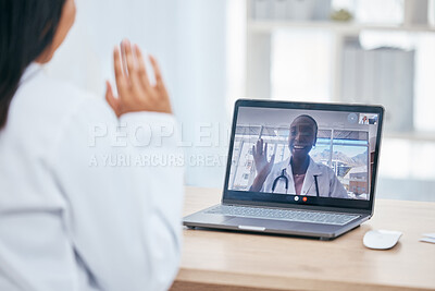 Buy stock photo Doctor, video call and wave with a health professional consulting with a colleague on a laptop screen. Healthcare, insurance and advice with a female medicine worker and coworker in a virtual meeting