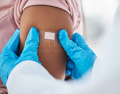 Buy stock photo Plaster on patient arm from doctor, vaccine and flu shot, healthcare and medical insurance for hpv, covid 19 and safety in hospital. Nurse hands bandaid, corona virus immunity and consulting service 