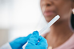 Hands, woman and healthcare covid test for research innovation or health safety. Clinic medical worker, young black person and professional hospital doctor consulting patient with laboratory test