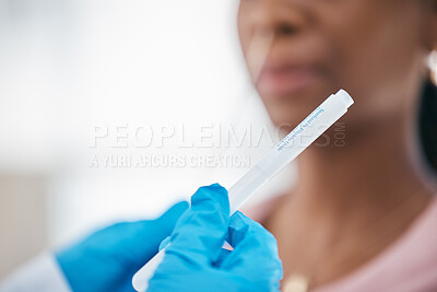 Buy stock photo Hands, woman and healthcare covid test for research innovation or health safety. Clinic medical worker, young black person and professional hospital doctor consulting patient with laboratory test