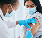 Healthcare, covid vaccine injection and woman with doctor with surgical gloves in hospital or clinic. Healthcare, medical insurance and vaccination innovation, global infection safety in medicine. 