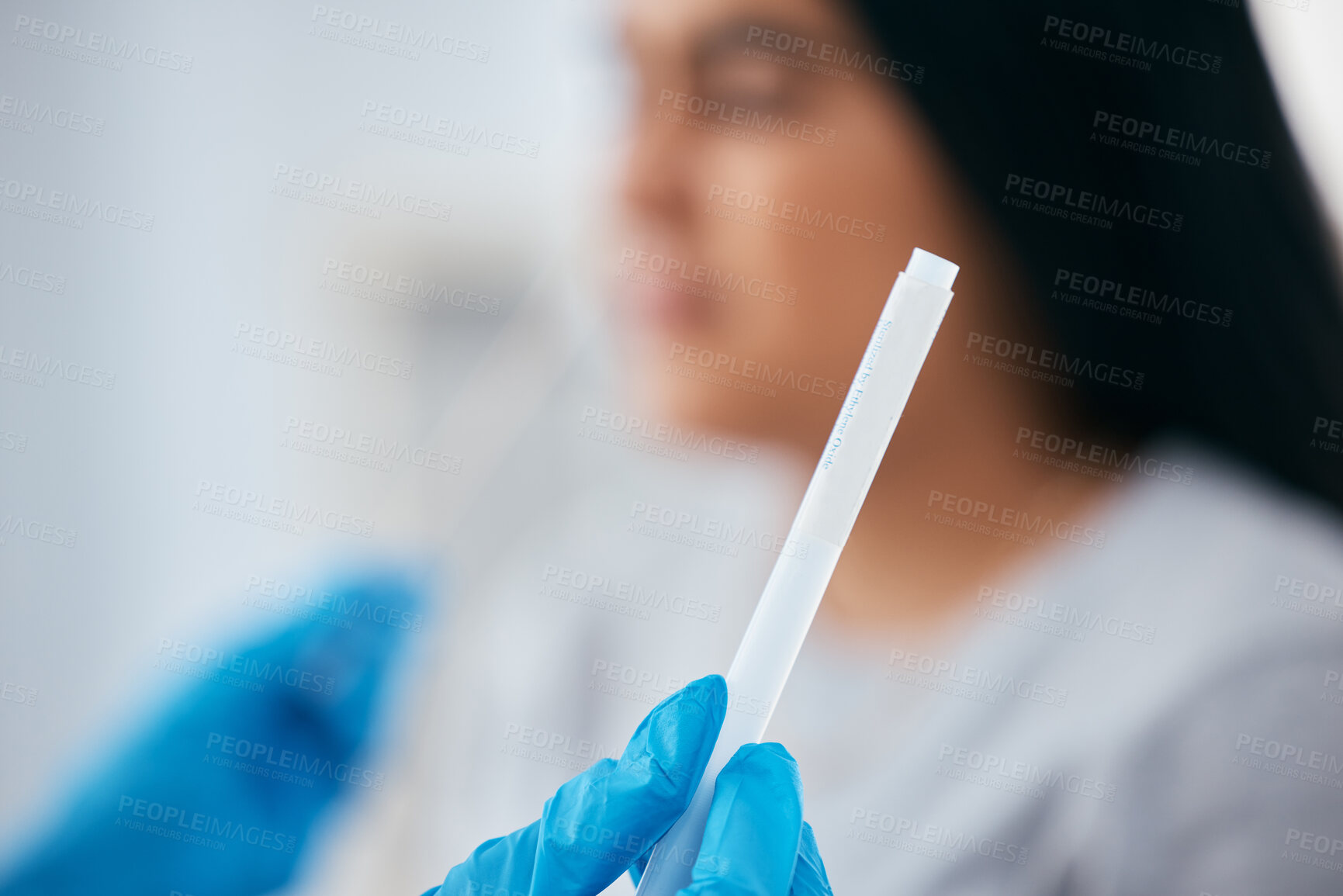 Buy stock photo Healthcare, hand or PCR doctor with covid test, corona virus or swap sample for medical compliance in hospital. Zoom, hands or nurse for medicine, insurance or covid 19 pandemic research science
