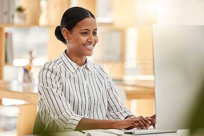 Buy stock photo Happy business woman worker on computer working in the office at a corporate company. Smile, planning and market online research female entrepreneur working on a desktop in her workplace while typing