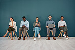 Recruitment, phone and laptop chair row of people at workspace corridor waiting with mockup. Company interview queue process with online connection for application, notes or social media.


