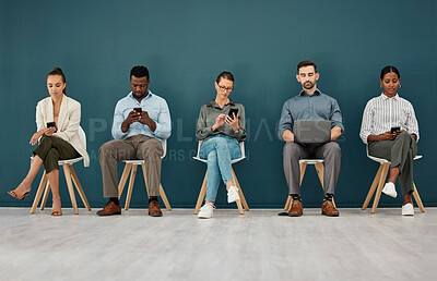 Buy stock photo Recruitment, job interview or startup business people in line for hiring, human resources or internet in office. Tech, phone or laptop for meeting for feedback, HR or digital SEO small business team