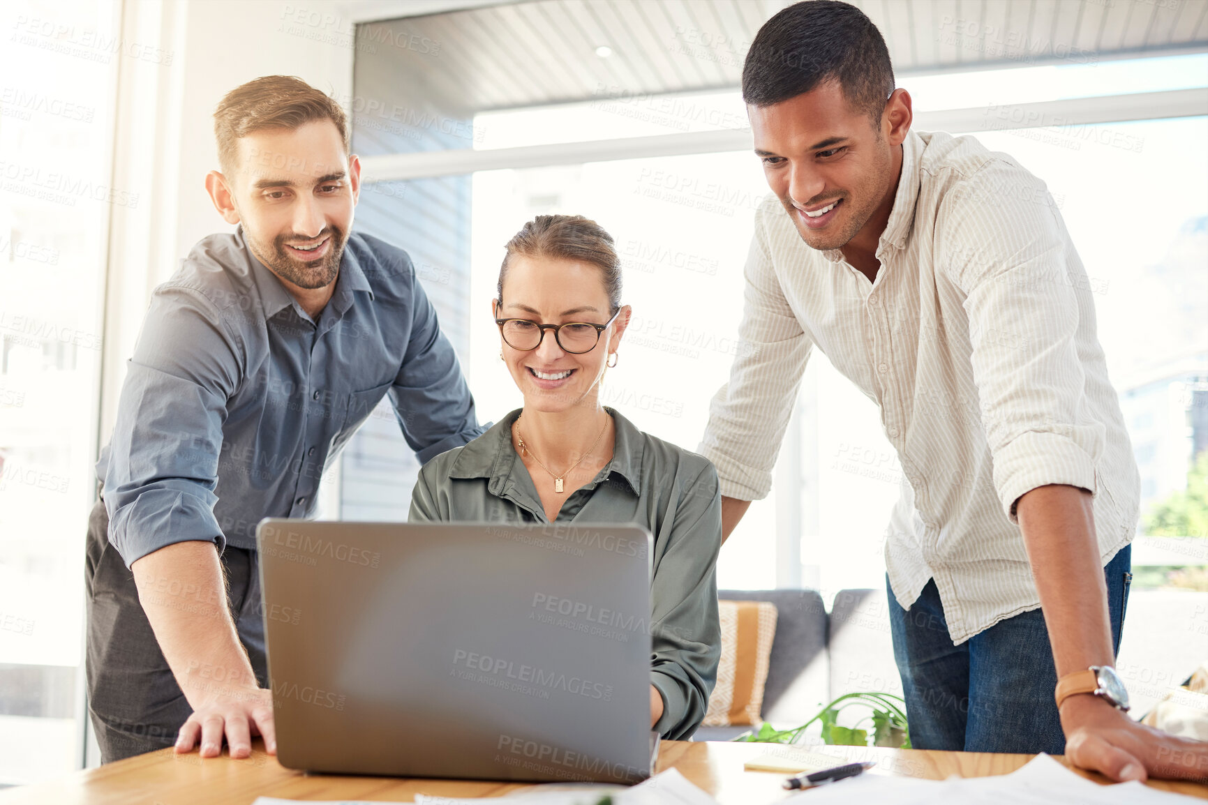 Buy stock photo Business people, meeting and laptop for collaboration, teamwork and discussion for marketing management presentation idea. Happy team talking on SEO research, goals and motivation for online project