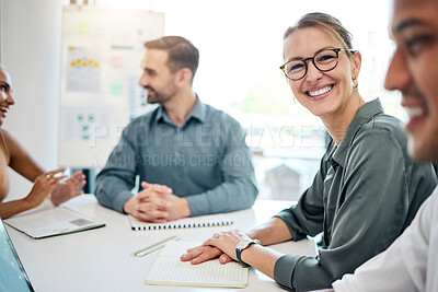 Buy stock photo Happy, business people and meeting at a table for creative, team and collaboration in office, innovation and thinking. Planning, documents and data analysis by group with diversity, goal and mission