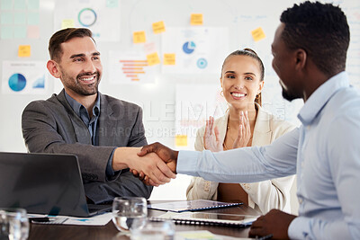 Buy stock photo B2B, handshake or diversity business people for marketing partnership, collaboration or company success deal. Teamwork, thank you or team shaking hands for support, yes or trust for creative strategy