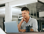 Laptop, startup and business man with website review, online feedback and email communication for company loan, sales or profit. Happy career, corporate manager work on pc technology in modern office