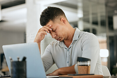Buy stock photo Headache, laptop and man with stress, anxiety and suffer from burnout, internet browse and office. Young male, upset entrepreneur and tired business owner with issues with planning and mental health.