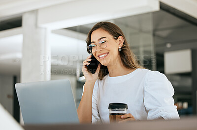 Buy stock photo Coffee, laptop or business woman on phone call for communication, contact us or networking in office. Smile, happy or employee with success business planning, telemarketing or schedule on technology